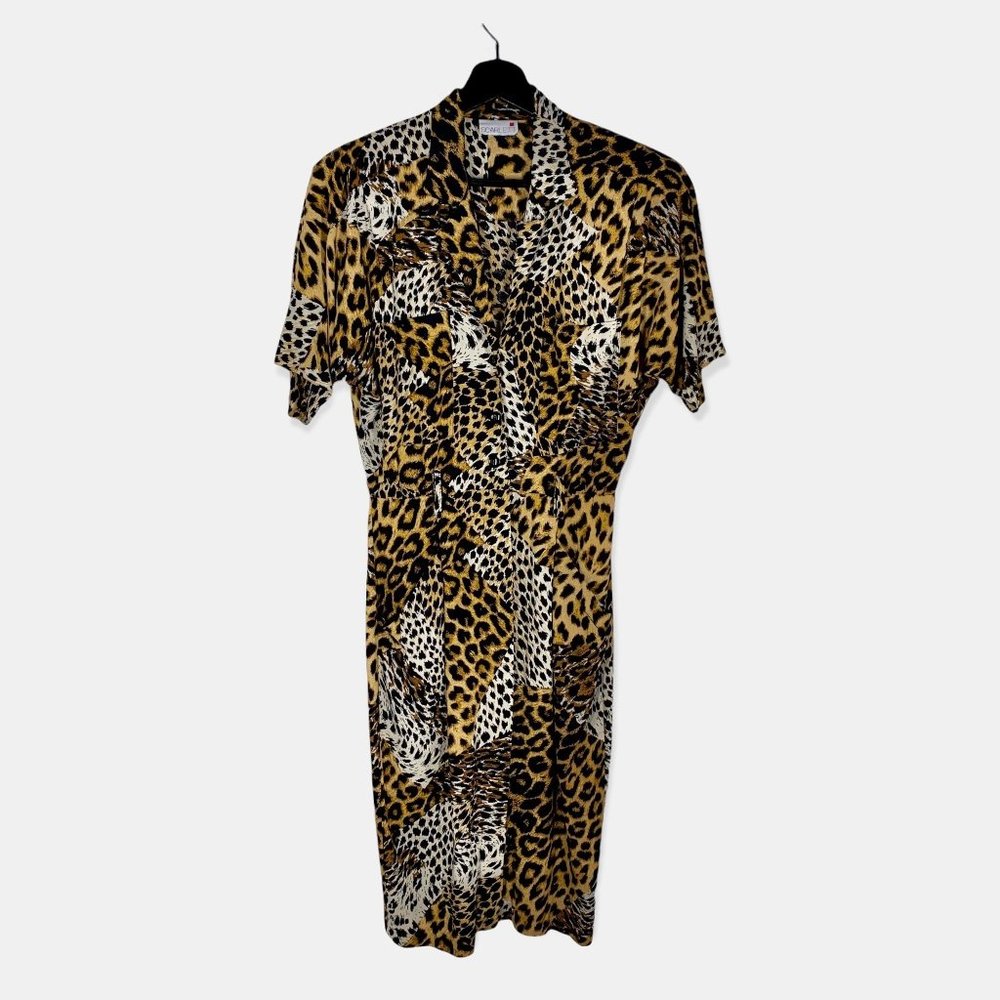 Vintage 80s Scarlett Animal Print Short Sleeve Button Up Dress Medium